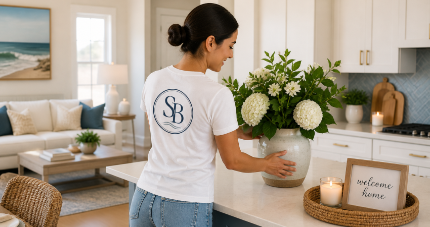 Seabreeze Homekeeping Co. cleaner cleaning kitchen in a bright coastal home