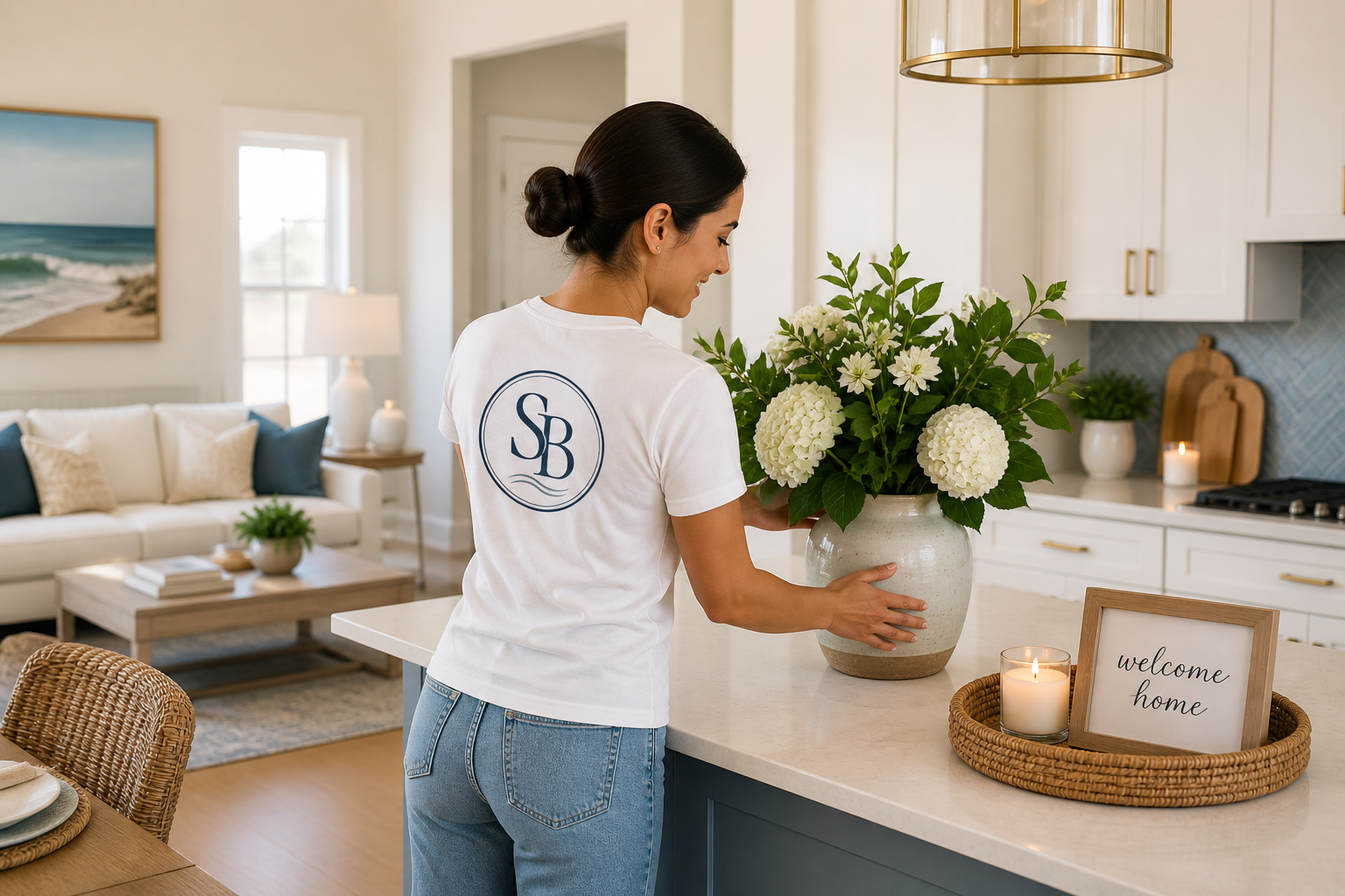 Seabreeze Homekeeping Co. cleaner cleaning kitchen in a bright coastal home